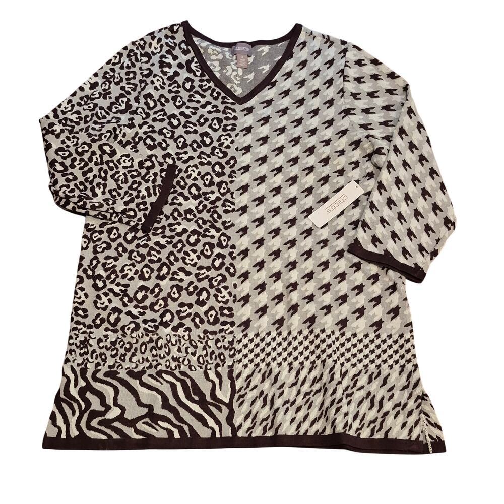 Chico's Jacquard Animal Print Tunic Large 3/4 Sleeve Pullover Rockledge Brown